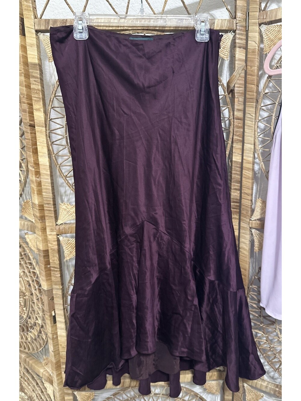 Lauren Ralph Skirt Womens 10 Coastal Burgundy Silk Satin Midi Layer Trumpet